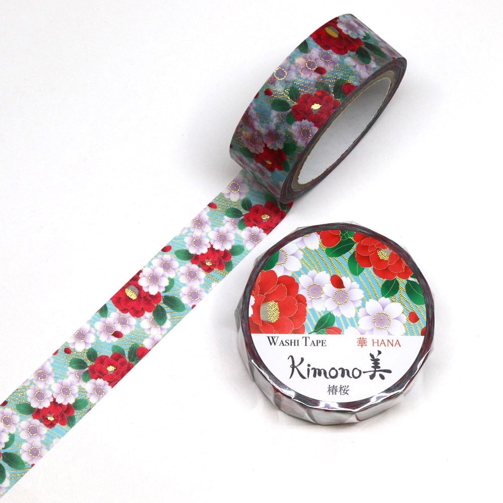 SAIEN Kimono美 華HANA〈マスキングテープ 椿桜 15mm・7m巻〉｜友禅柄の華やぎを、指先の文具に