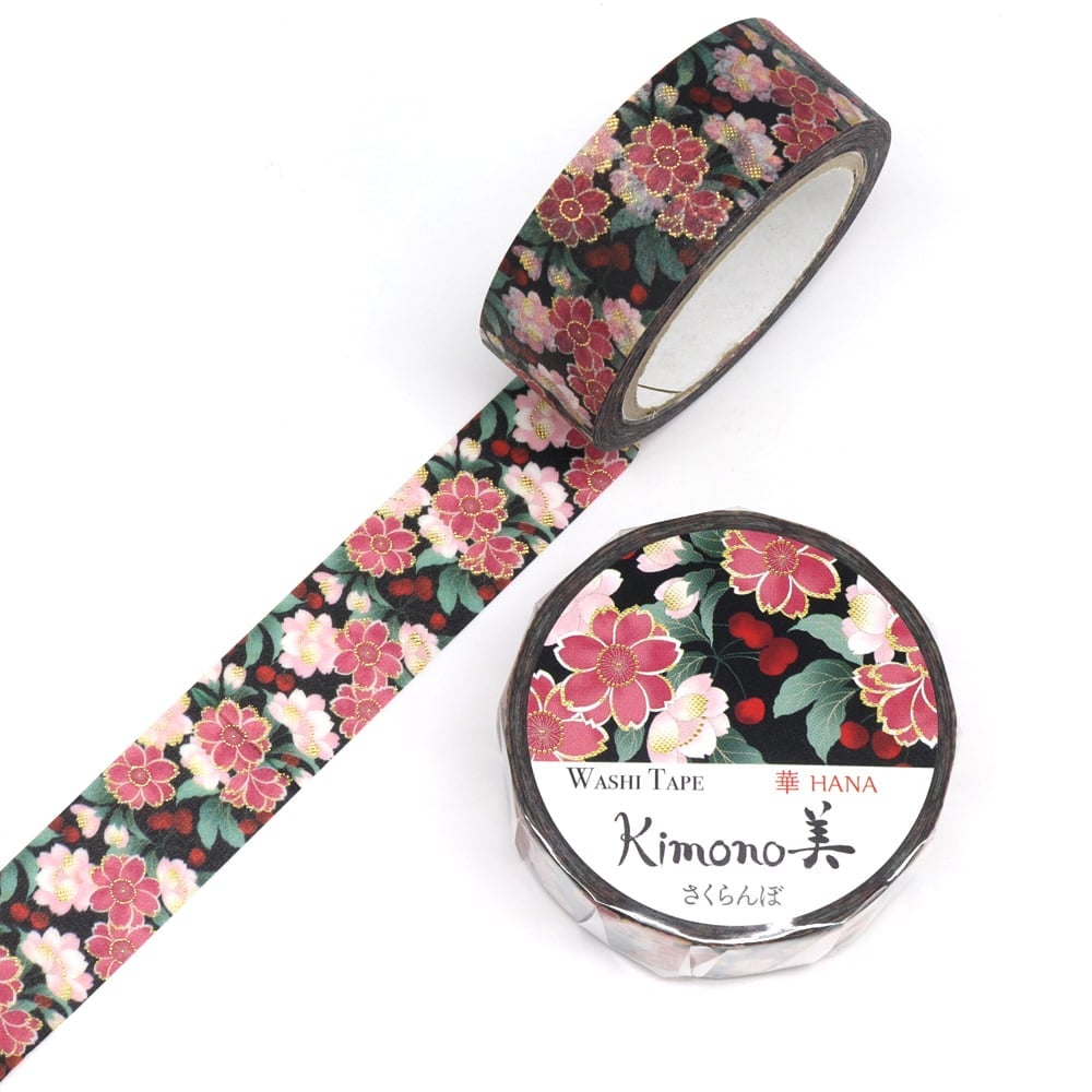 SAIEN　Kimono美　華HANA　マスキングテープ　さくらんぼ 15mm (GR-1051)　7m巻　友禅柄　金箔グラデーション　和紙ステーショナリー|マスキングテープ|和柄ステーショナリー