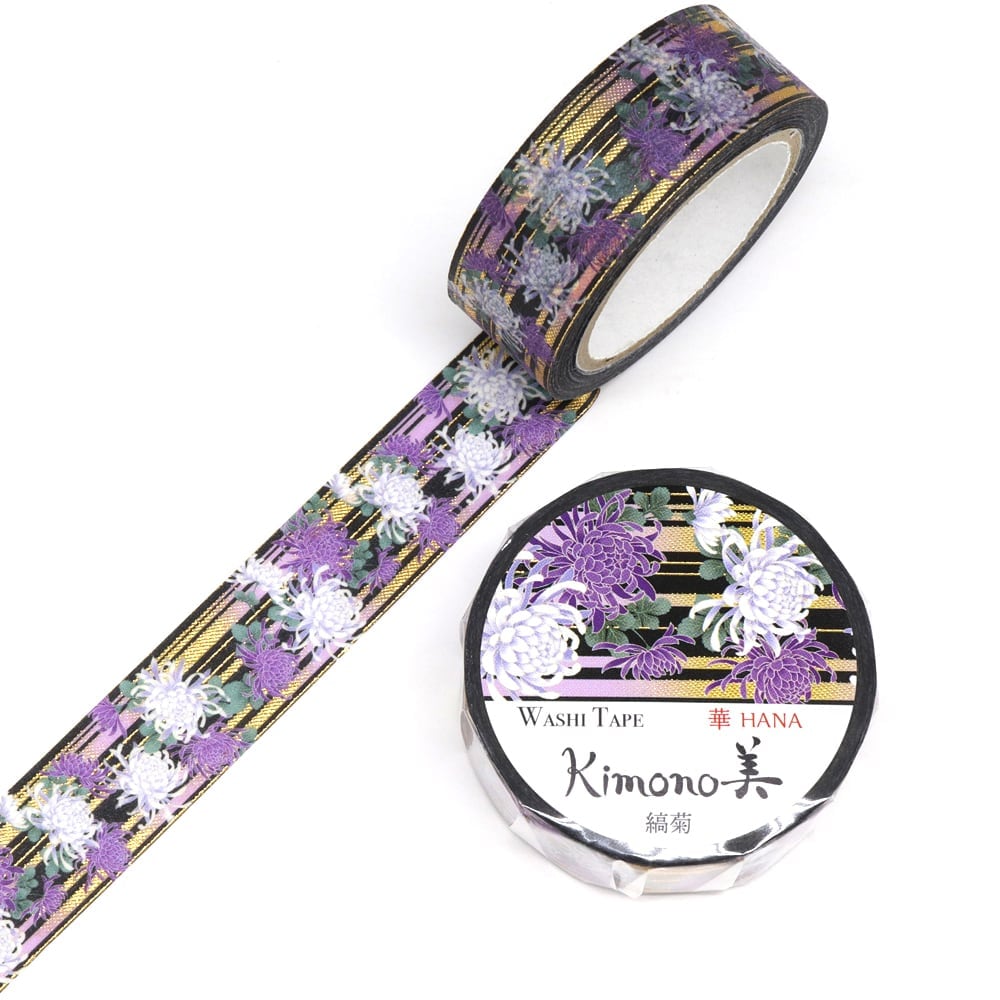SAIEN Kimono美 華HANA〈マスキングテープ 縞菊 15mm・7m巻〉｜友禅柄の華やぎを、指先の文具に