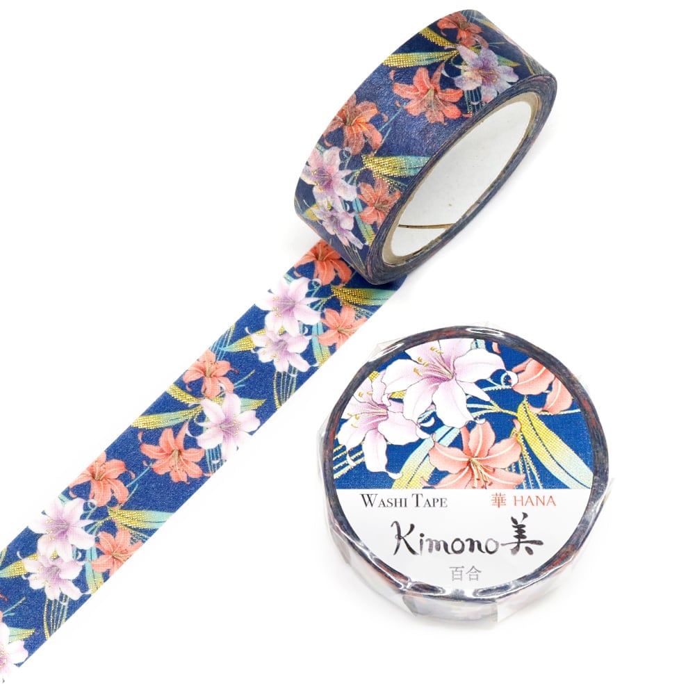 SAIEN Kimono美 華HANA〈マスキングテープ 百合 15mm・7m巻〉｜友禅柄の華やぎを、指先の文具に