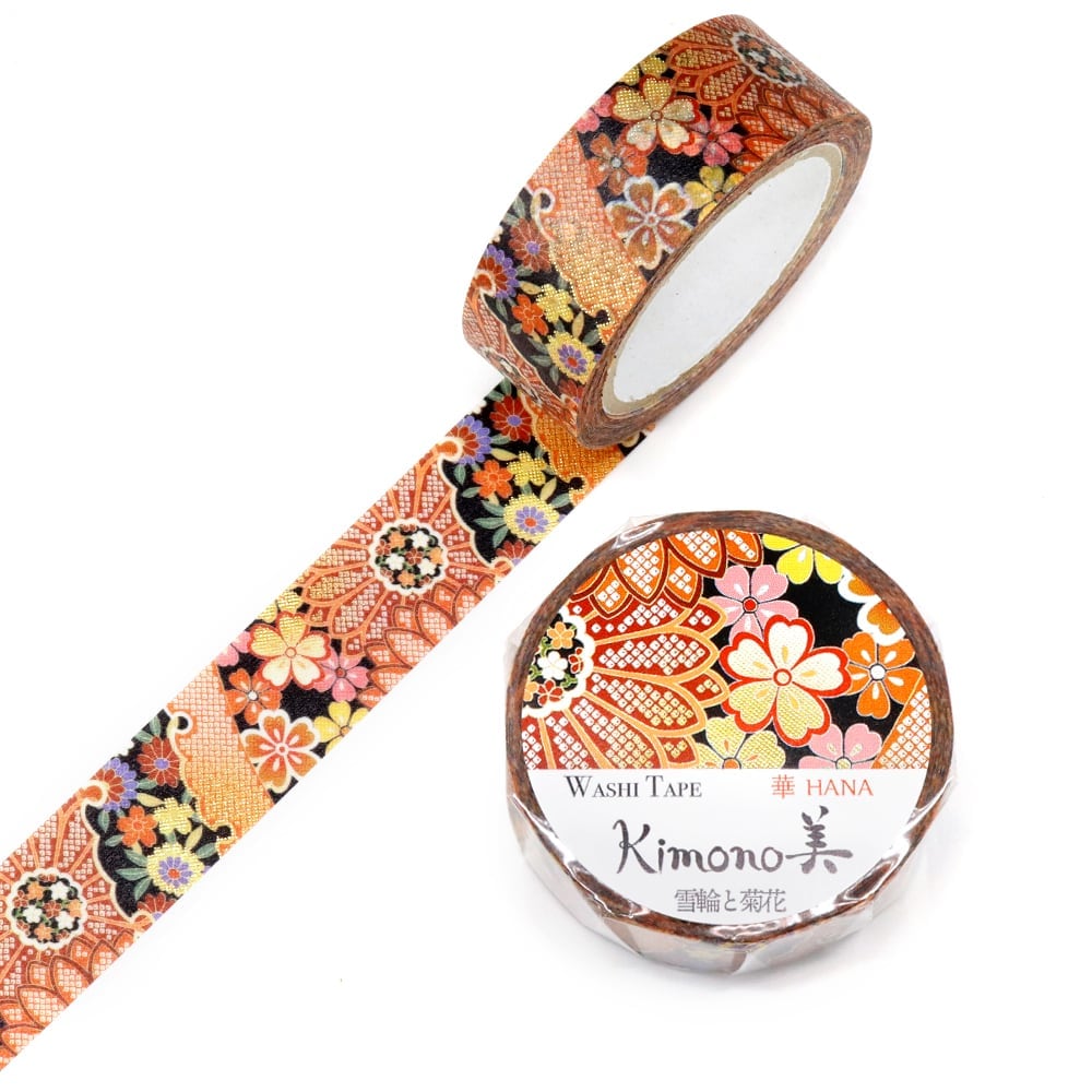 SAIEN　Kimono美　華HANA　マスキングテープ　雪輪と菊花 15mm (GR-1069)　7m巻　友禅柄　金箔グラデーション　和紙ステーショナリー|マスキングテープ|和柄ステーショナリー