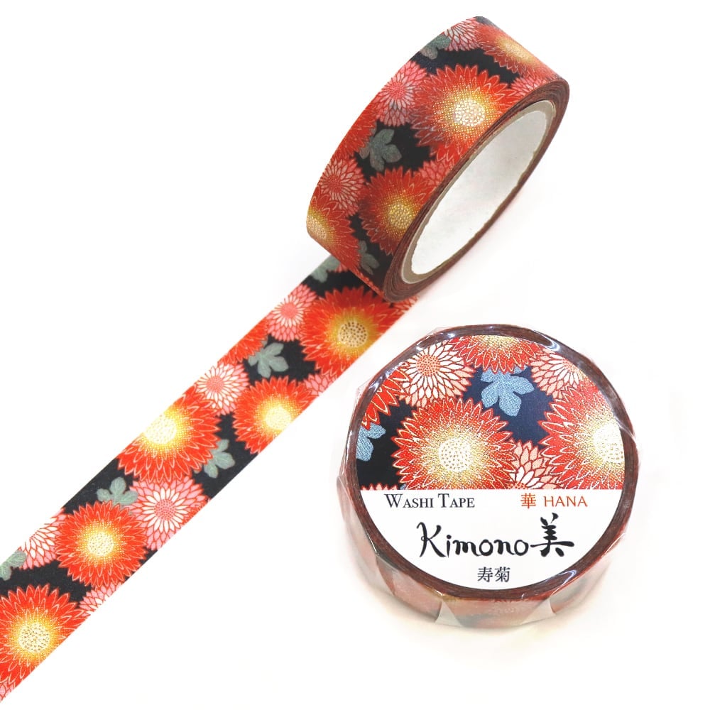 SAIEN　Kimono美　華HANA　マスキングテープ　寿菊 15mm (GR-1075)　7m巻　友禅柄　金箔グラデーション　和紙ステーショナリー|マスキングテープ|和柄ステーショナリー