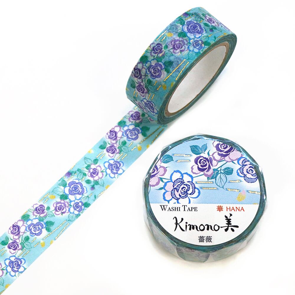 SAIEN　Kimono美　華HANA　マスキングテープ　薔薇 15mm (GR-1077)　7m巻　友禅柄　金箔グラデーション　和紙ステーショナリー