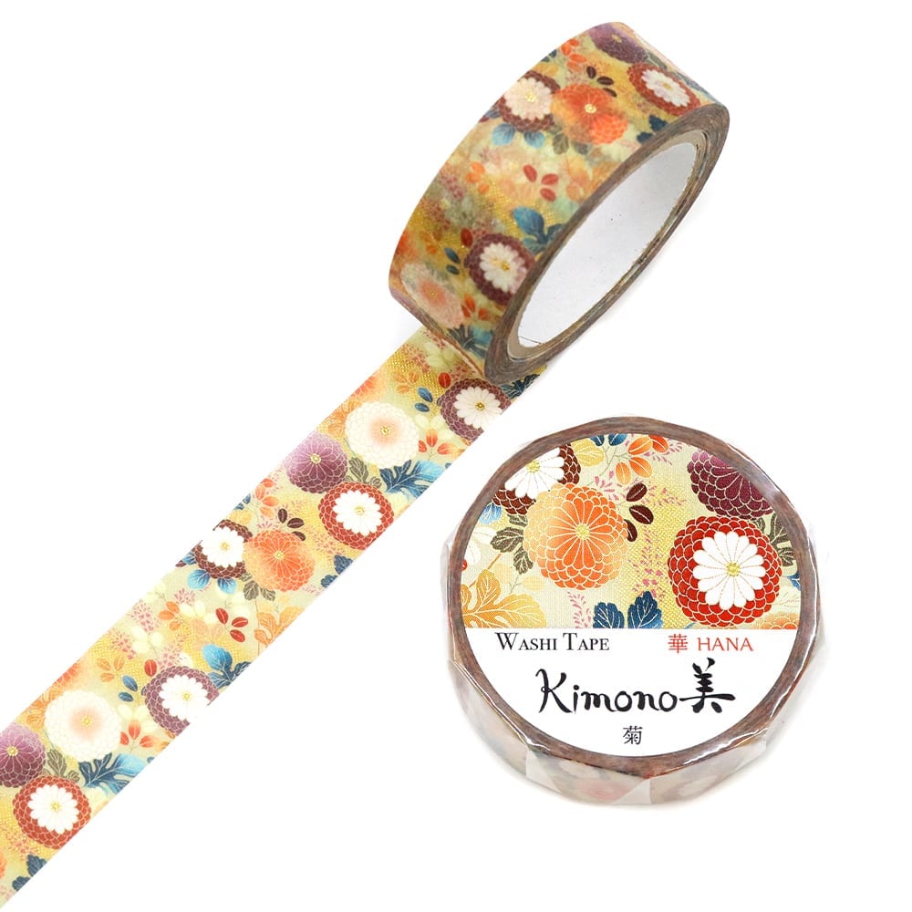 SAIEN Kimono美 華HANA〈マスキングテープ 菊 15mm・7m巻〉｜友禅柄の華やぎを、指先の文具に