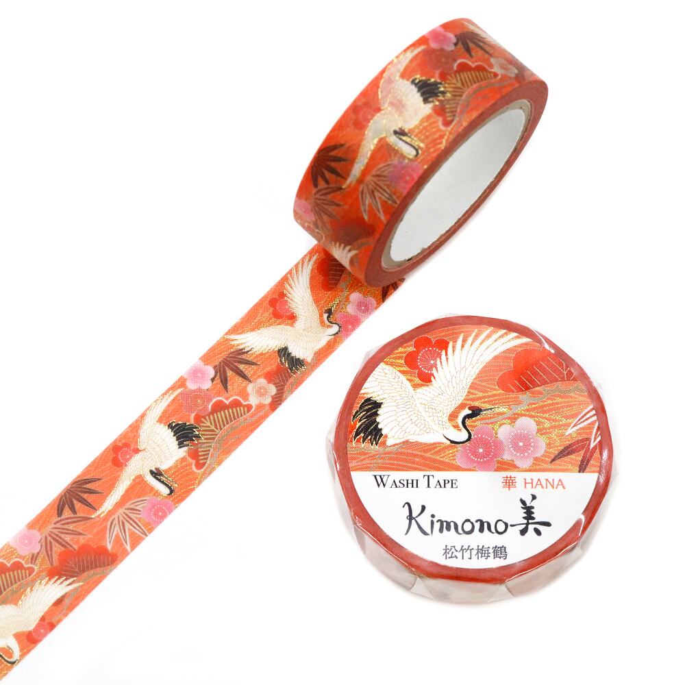 SAIEN　Kimono美　華HANA　マスキングテープ　松竹梅鶴 15mm (GR-1091)　7m巻　友禅柄　金箔グラデーション　和紙ステーショナリー