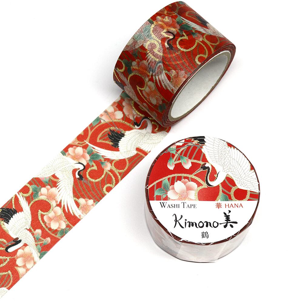 SAIEN　Kimono美　華HANA　マスキングテープ　鶴 25mm (GR-1008)　5m巻　友禅柄　金箔グラデーション　和紙ステーショナリー