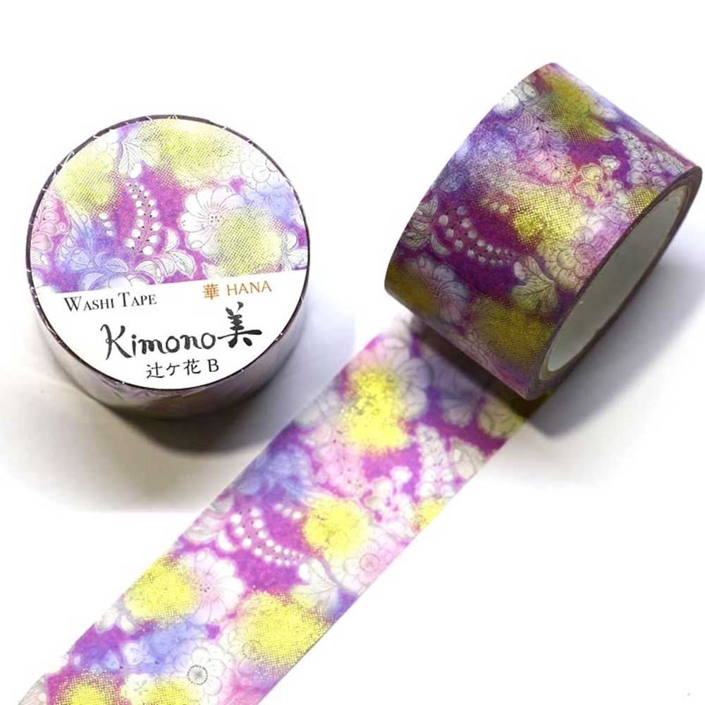 SAIEN Kimono美 華HANA マスキングテープ 辻ヶ花B 25mm (GR-1018) 5m巻 友禅柄 金箔グラデーション 和紙ステーショナリー