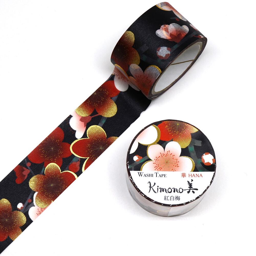 SAIEN Kimono美 華HANA〈マスキングテープ 紅白梅 25mm・5m巻〉｜友禅柄の華やぎを、指先の文具に