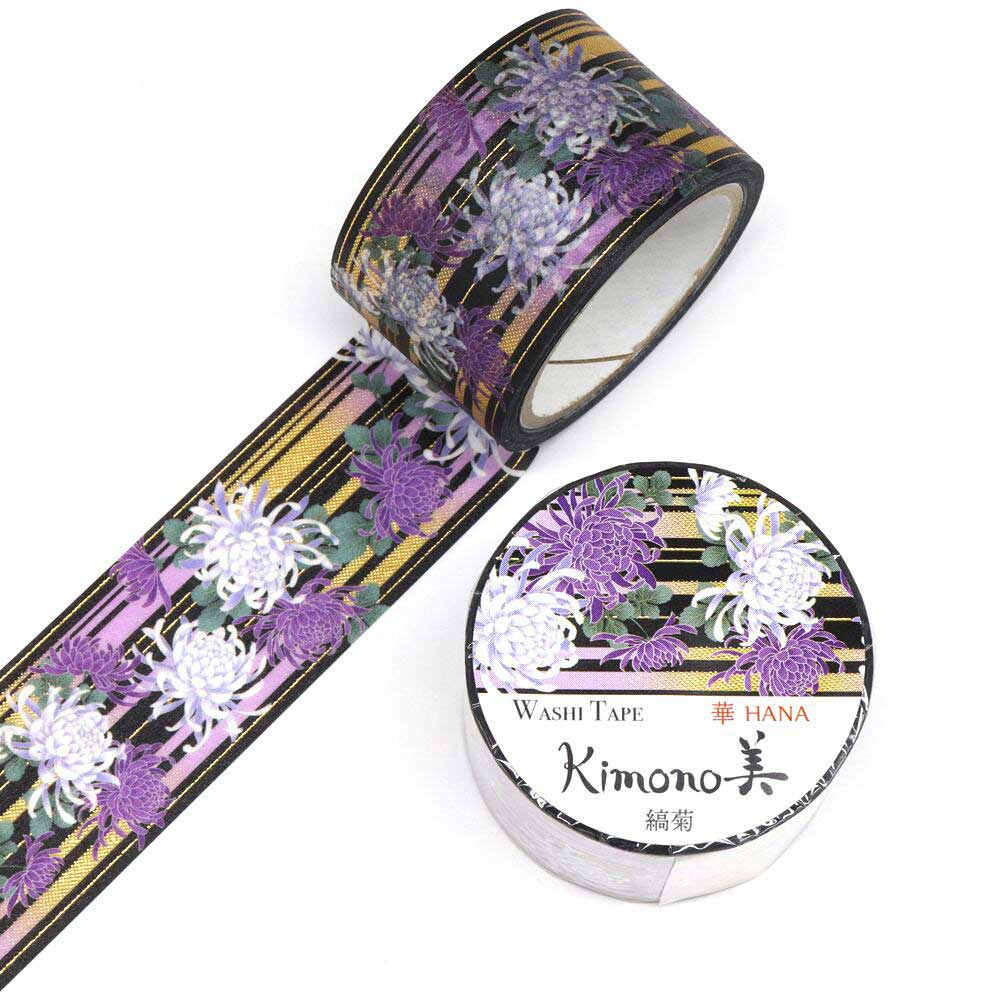SAIEN Kimono美 華HANA〈マスキングテープ 縞菊 25mm・5m巻〉｜友禅柄の華やぎを、指先の文具に