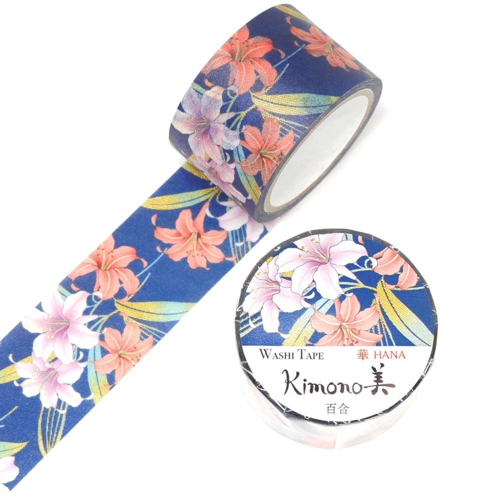 SAIEN Kimono美 華HANA マスキングテープ 百合 25mm (GR-1066) 5m巻 友禅柄 金箔グラデーション 和紙ステーショナリー