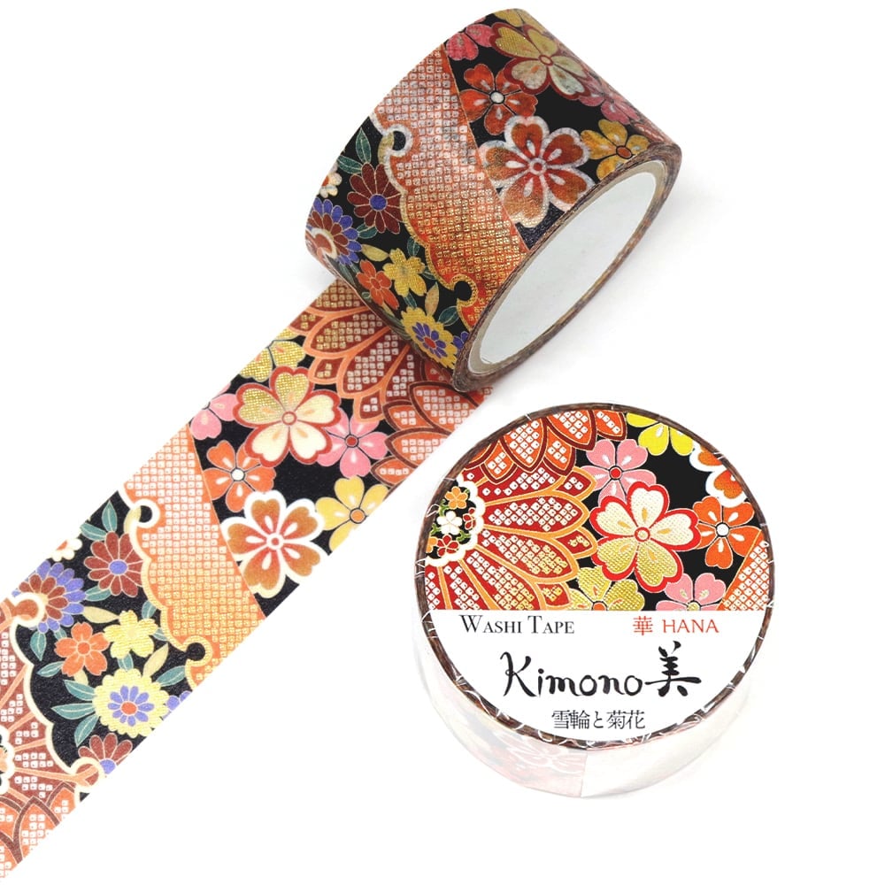 SAIEN Kimono美 華HANA〈マスキングテープ 雪輪と菊花 25mm・5m巻〉｜友禅柄の華やぎを、指先の文具に