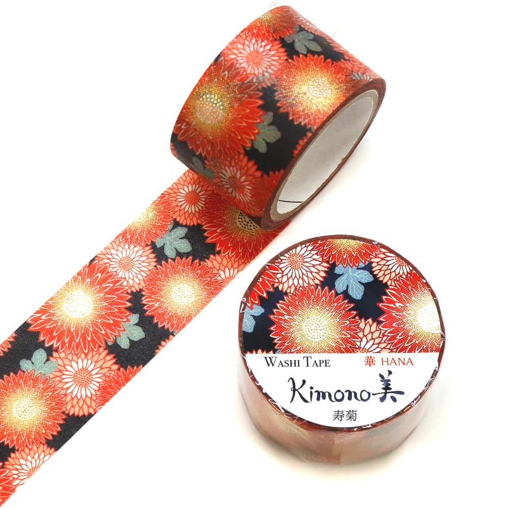 SAIEN　Kimono美　華HANA　マスキングテープ　寿菊 25mm (GR-1076)　5m巻　友禅柄　金箔グラデーション　和紙ステーショナリー