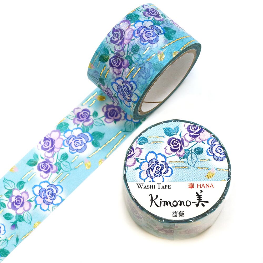 SAIEN　Kimono美　華HANA　マスキングテープ　薔薇 25mm (GR-1078)　5m巻　友禅柄　金箔グラデーション　和紙ステーショナリー|マスキングテープ|和柄ステーショナリー