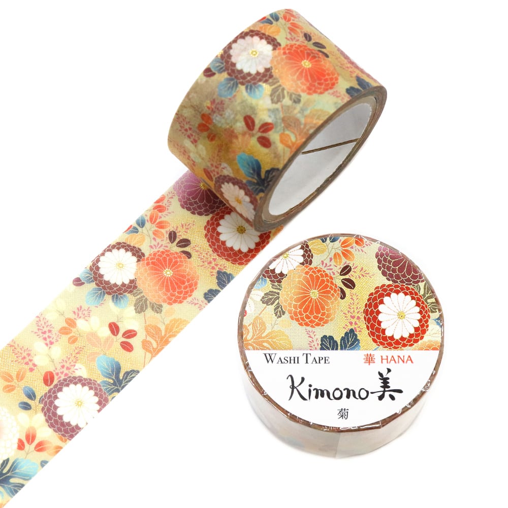 SAIEN Kimono美 華HANA〈マスキングテープ 菊 25mm・5m巻〉｜友禅柄の華やぎを、指先の文具に