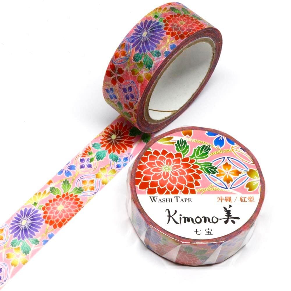 SAIEN　Kimono美　紅BIN　マスキングテープ　七宝 15mm (GR-1023)　7m巻　沖縄／紅型　金箔グラデーション　和紙ステーショナリー