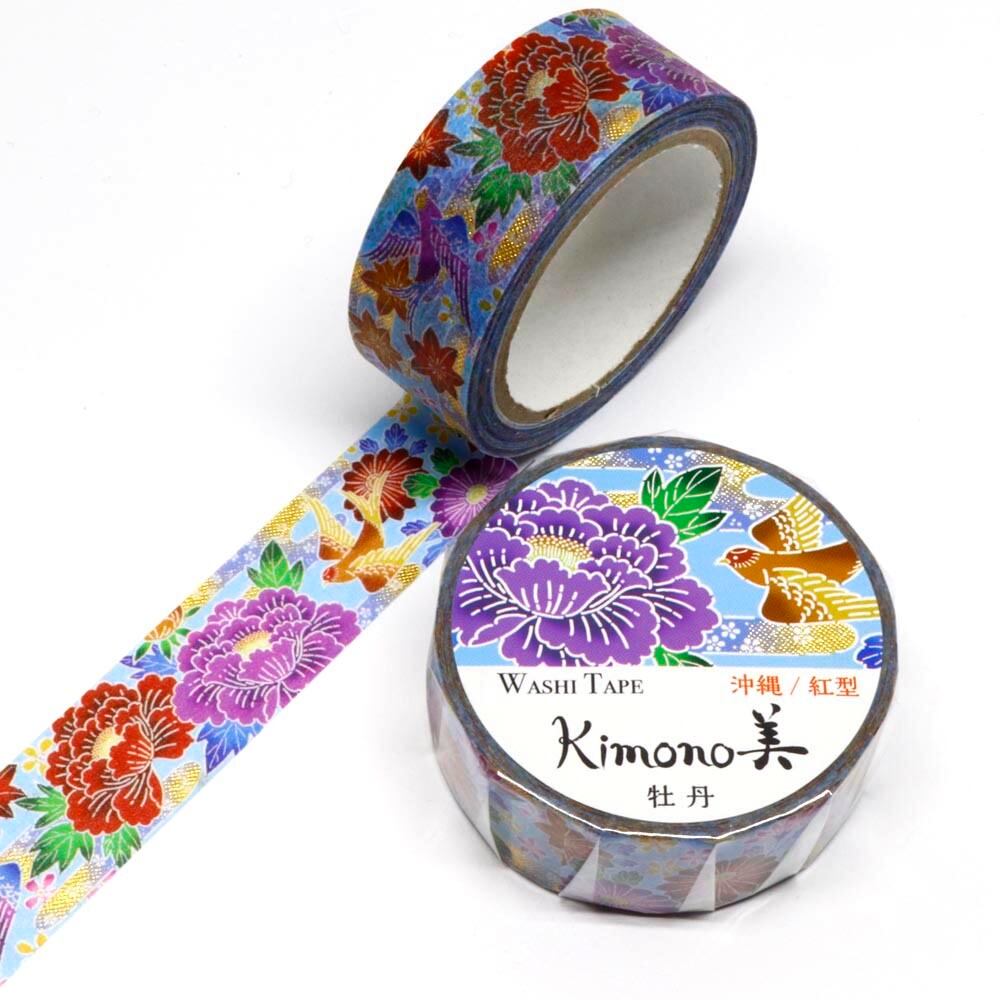 SAIEN　Kimono美　紅BIN　マスキングテープ　牡丹 15mm (GR-1025)　7m巻　沖縄／紅型　金箔グラデーション　和紙ステーショナリー