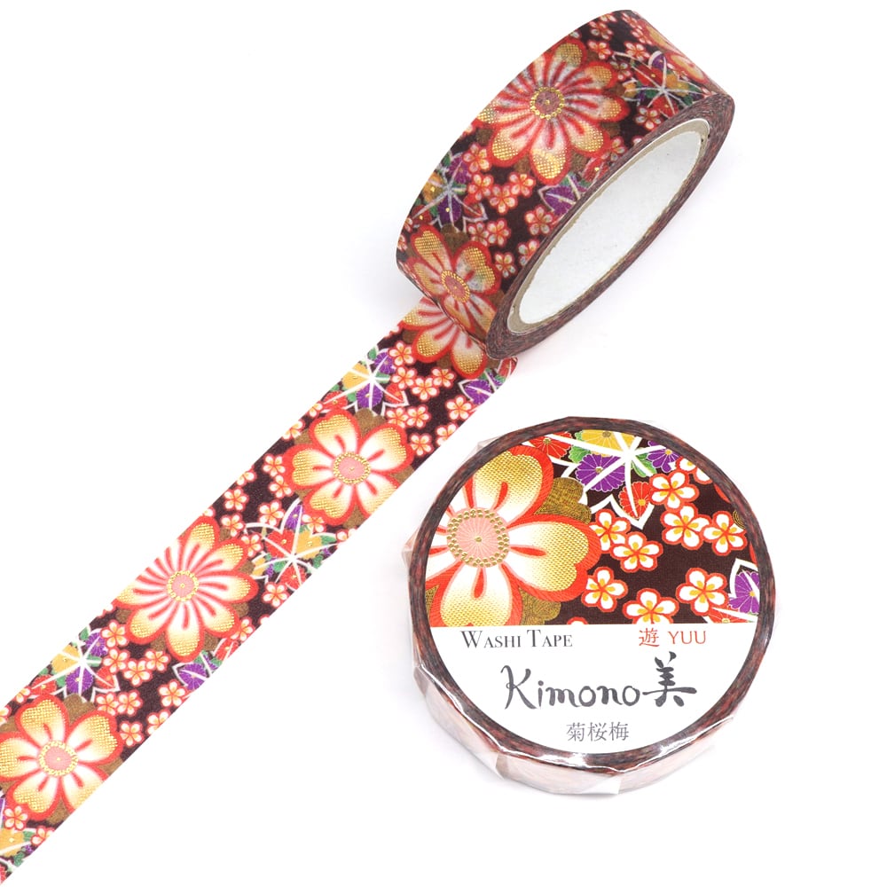 SAIEN　Kimono美　遊YUU　マスキングテープ　菊桜梅 15mm (GR-2033)　7m巻　レトロモダン　金箔グラデーション　和紙ステーショナリー|マスキングテープ|和柄ステーショナリー