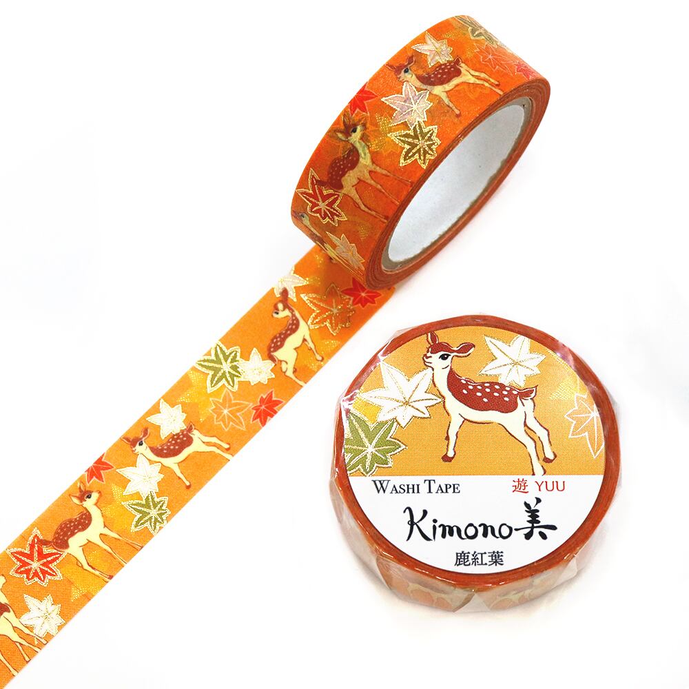 SAIEN Kimono美 遊YUU〈マスキングテープ 鹿紅葉 15mm・7m巻〉｜レトロモダンな和柄で、遊び心を添えて