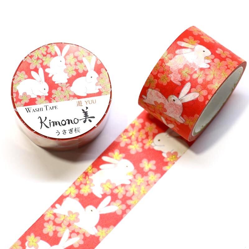 SAIEN　Kimono美　遊YUU　マスキングテープ　うさぎ桜 25mm (GR-2018)　5m巻　レトロモダン　金箔グラデーション　和紙ステーショナリー|マスキングテープ|和柄ステーショナリー