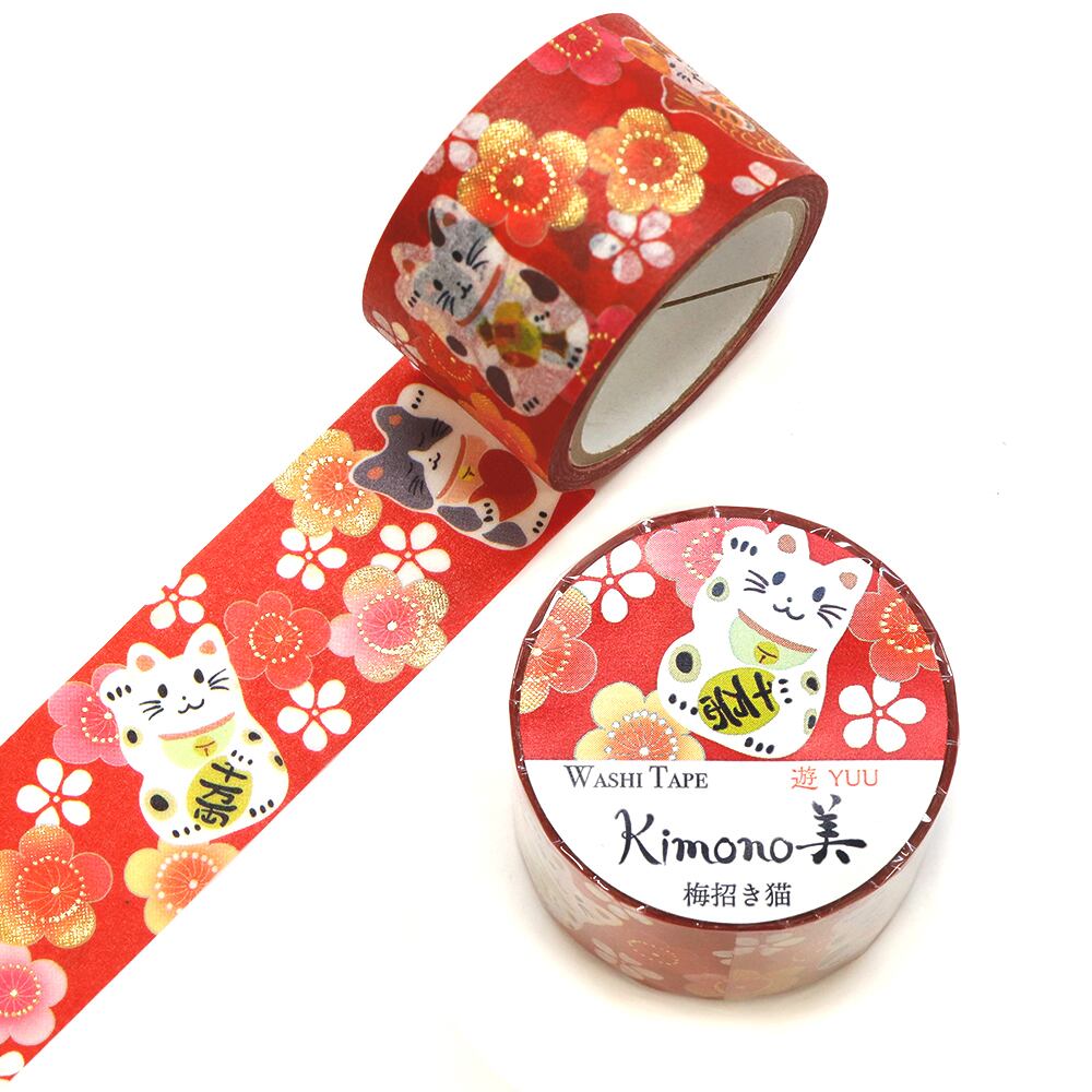 SAIEN　Kimono美　遊YUU　マスキングテープ　梅招き猫 25mm (GR-2060)　5m巻　レトロモダン　金箔グラデーション　和紙ステーショナリー|マスキングテープ|和柄ステーショナリー