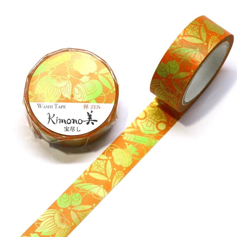 SAIEN　Kimono美　禅ZEN　マスキングテープ　宝尽し 15mm (GR-3019)　7m巻　粋タイプ　金箔グラデーション　和紙ステーショナリー