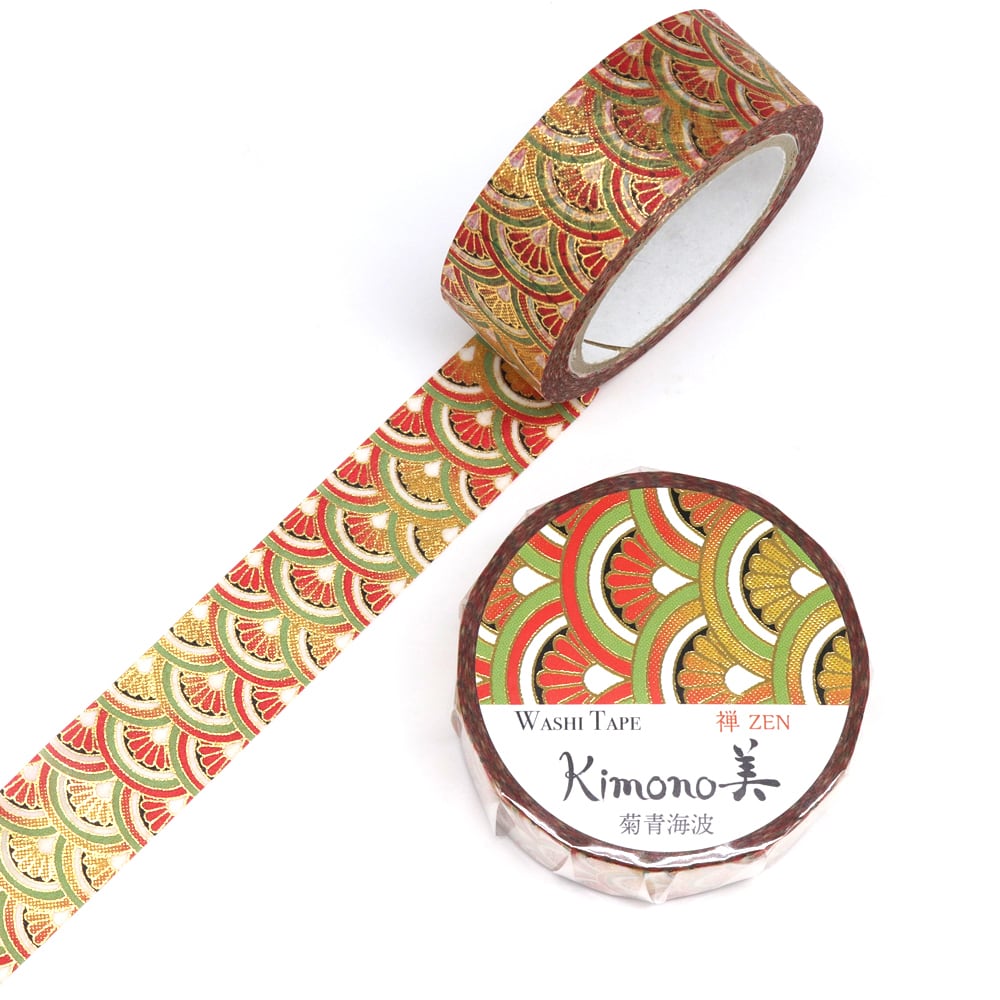 SAIEN　Kimono美　禅ZEN　マスキングテープ　菊青海波 15mm (GR-3031)　7m巻　粋タイプ　金箔グラデーション　和紙ステーショナリー
