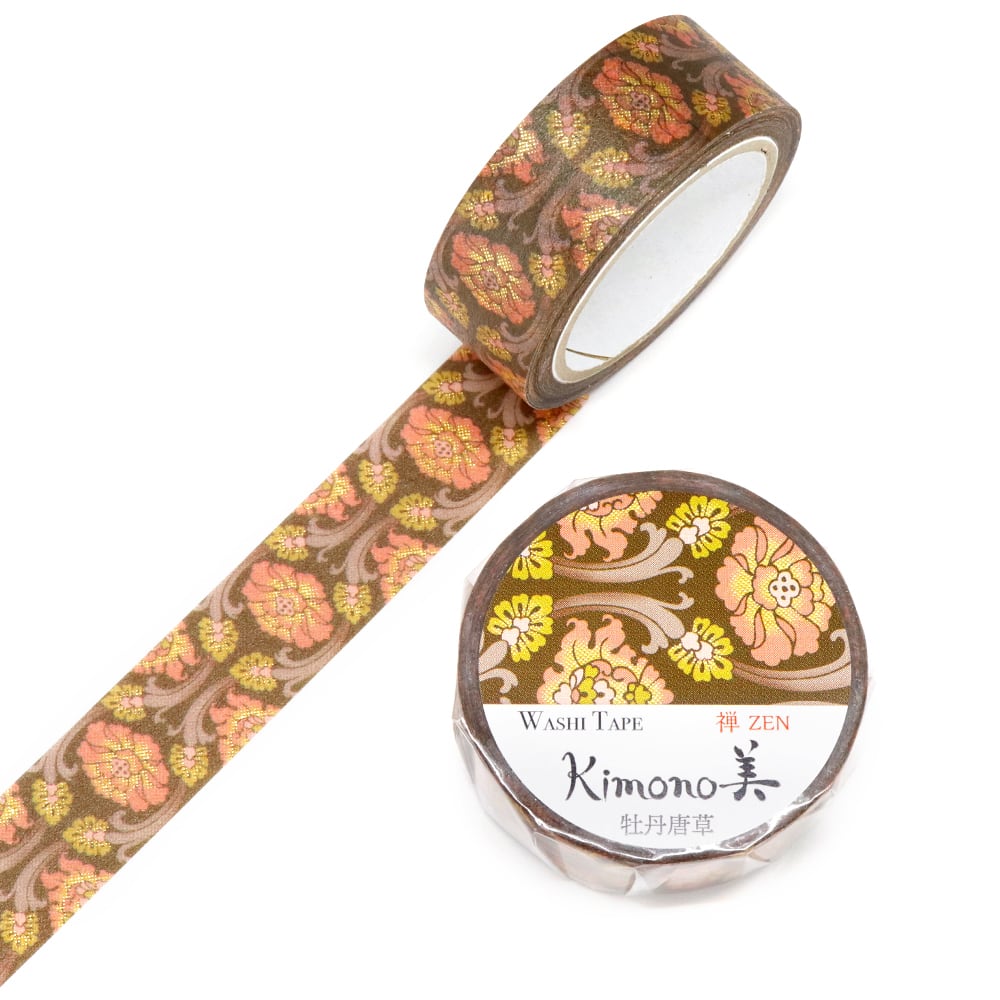 SAIEN　Kimono美　禅ZEN　マスキングテープ　牡丹唐草 15mm (GR-3047)　7m巻　粋タイプ　金箔グラデーション　和紙ステーショナリー