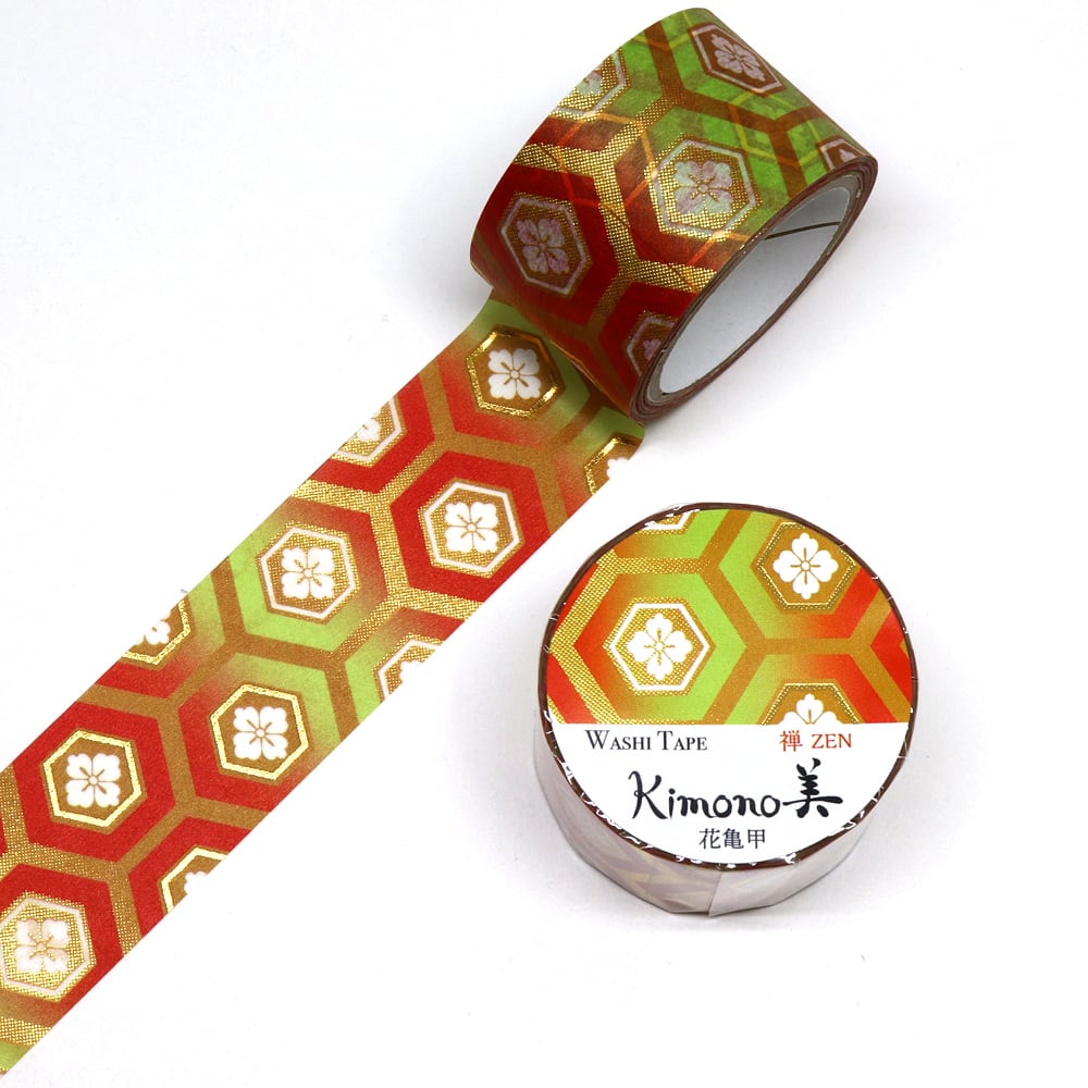 SAIEN　Kimono美　禅ZEN　マスキングテープ　花亀甲 25mm (GR-3022)　5m巻　粋タイプ　金箔グラデーション　和紙ステーショナリー
