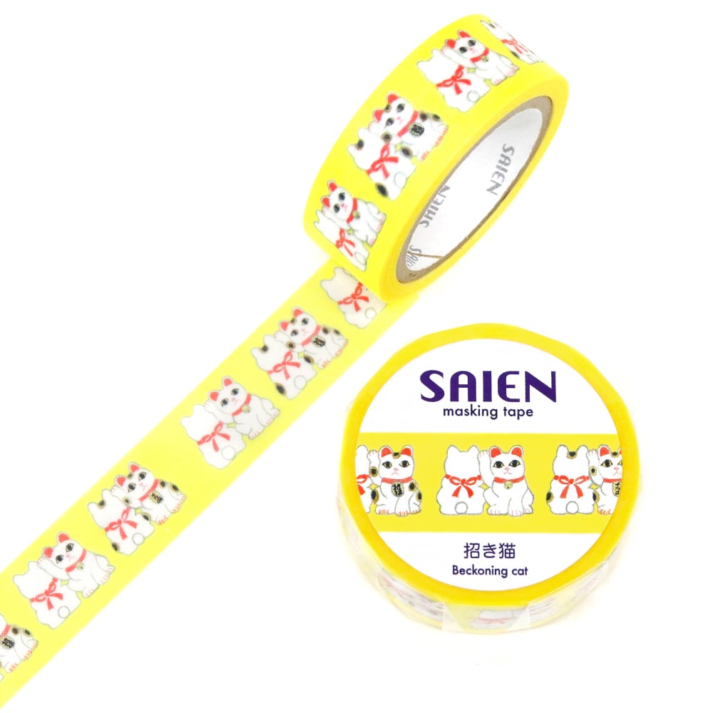 SAIEN　井口喜美子　マスキングテープ　招き猫 15mm (TR-0250)　7m巻　手描きイラストから作った温かみある和紙ステーショナリー