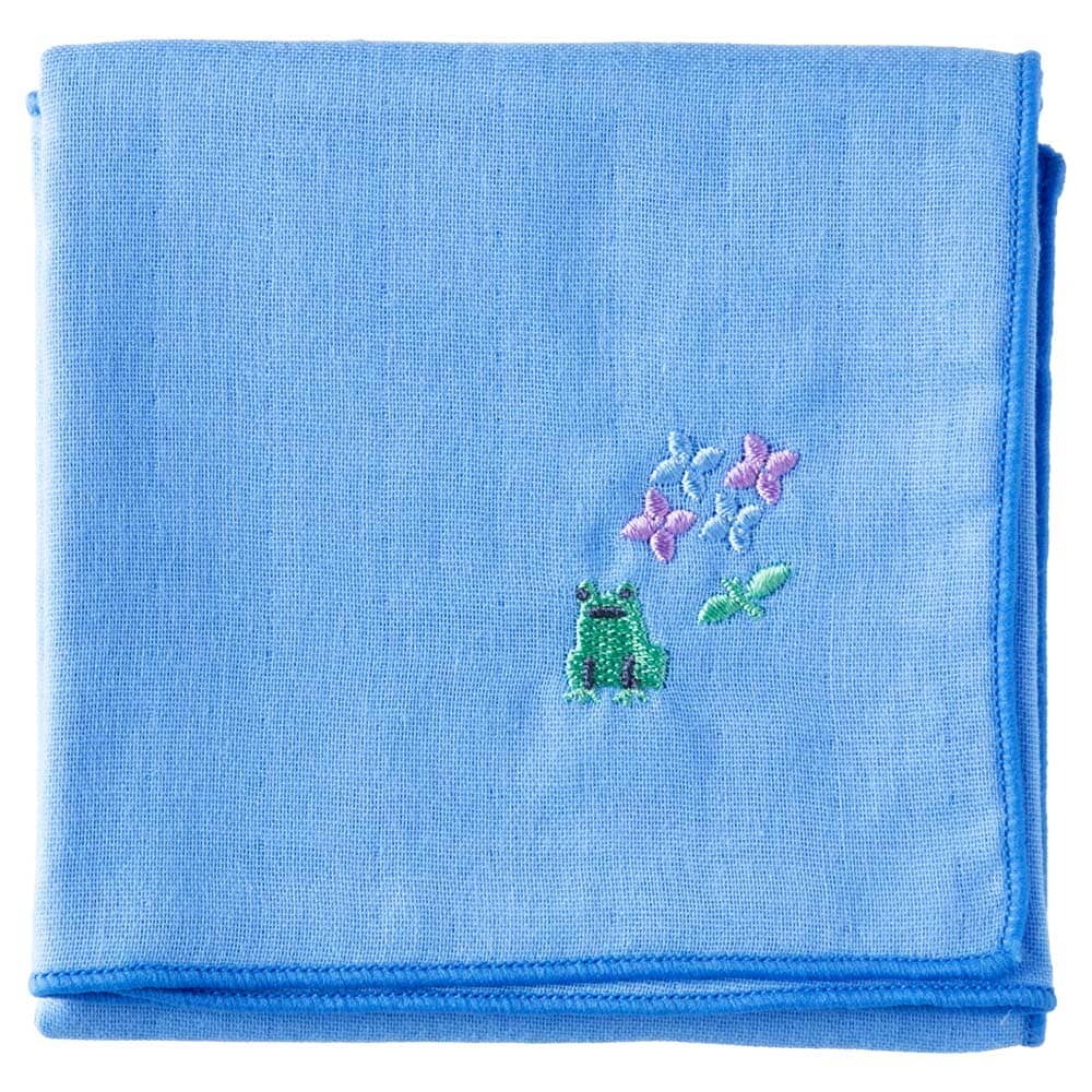 スーベニール　季節の訪れハンカチ　紫陽花（かえる）　季節の花と動物を刺繍したガーゼハンカチ|ハンカチ|和小物