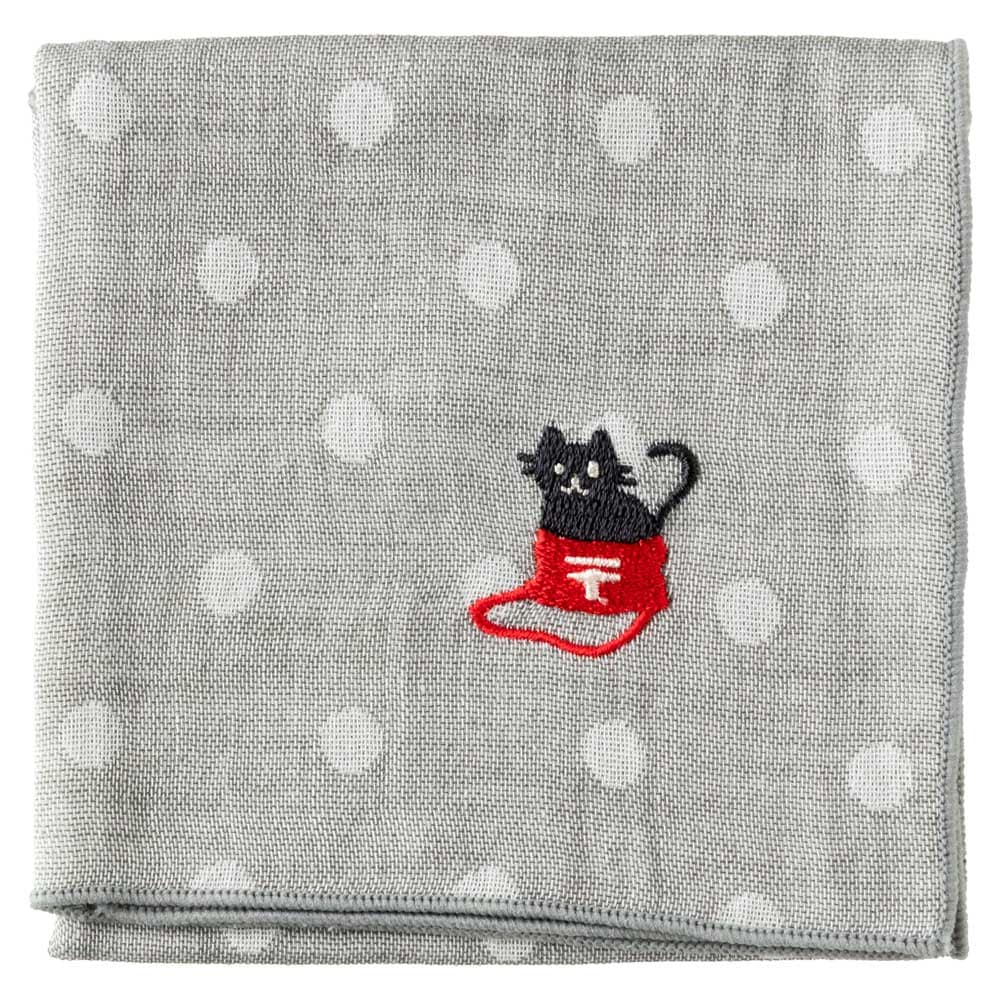 スーベニール　にゃんこハンカチ　黒猫・グレー（ドット模様）　刺繍入りガーゼハンカチ