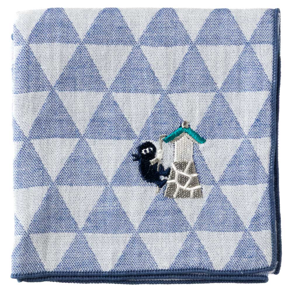 スーベニール 忍者ハンカチ 壁登りの術・青(うろこ模様) 刺繍入りガーゼハンカチ