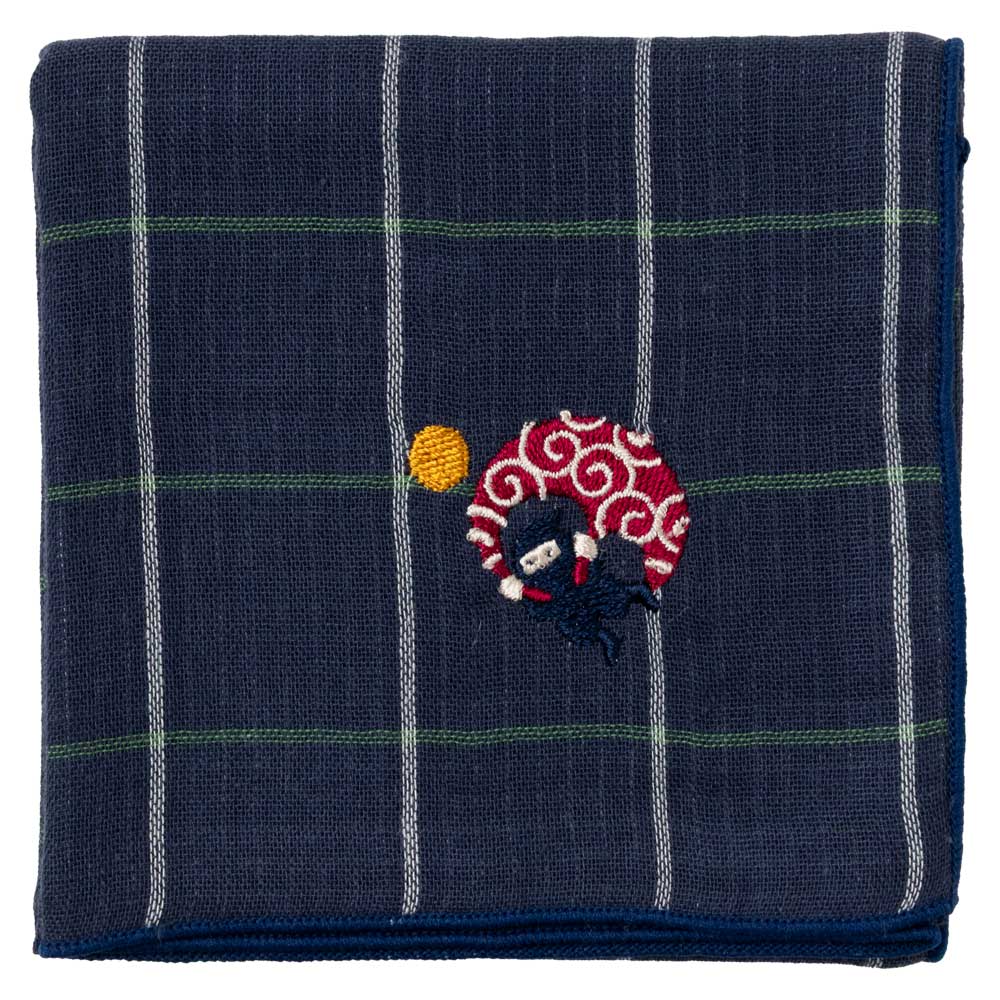 スーベニール　忍者ハンカチ　むささびの術・紺（グリッド）　刺繍入りガーゼハンカチ|ハンカチ|和小物