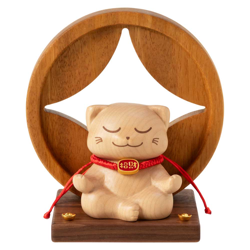 木製　金運・福招き座禅猫　卓上招き猫　ラッキーキャット