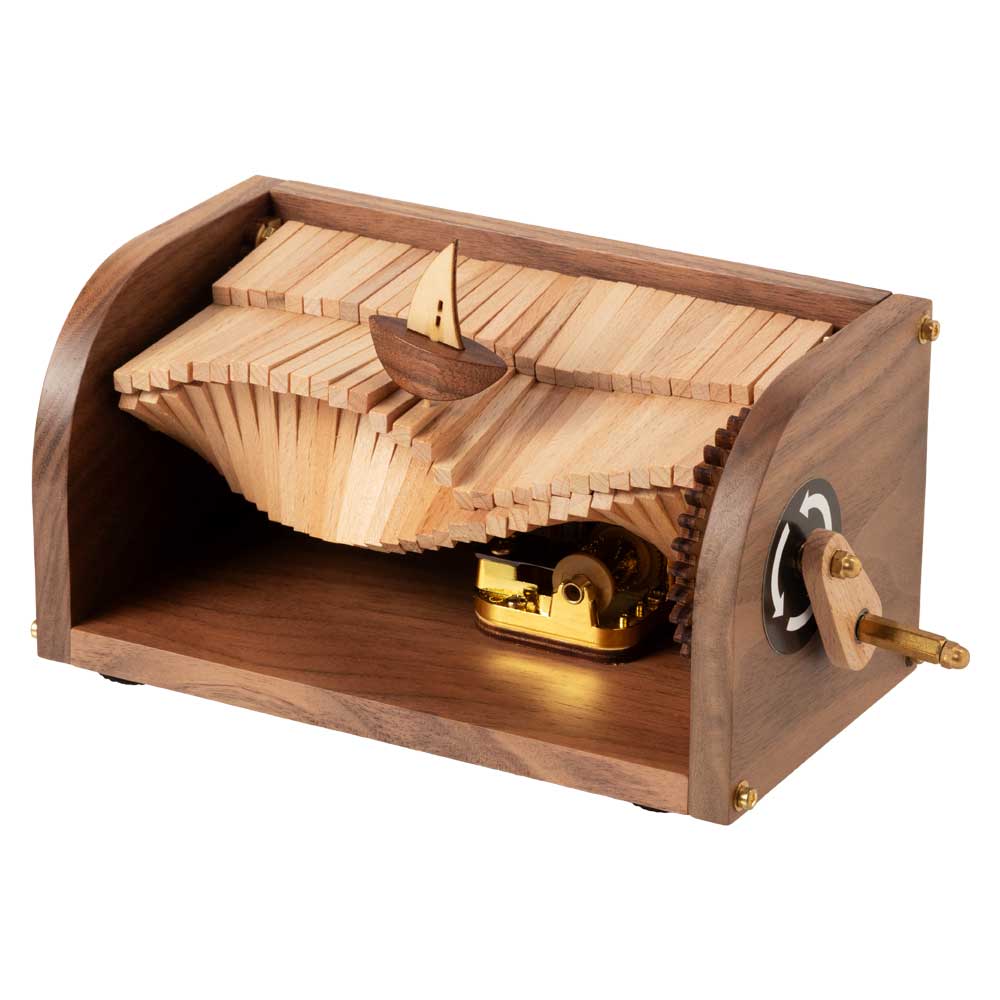 木製　波のからくり　手回しオルゴール　波打つ仕組みが美しい　目と耳で楽しむ木製品