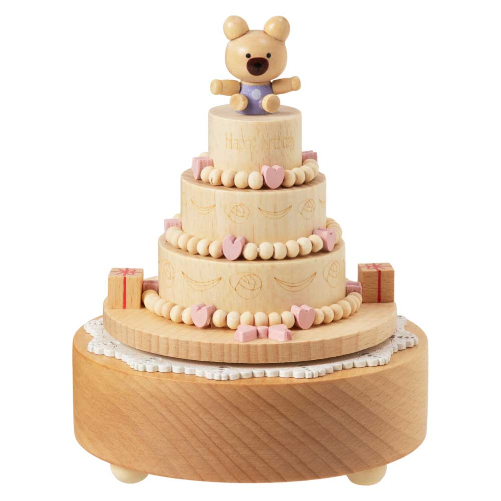 木製回転オルゴール　バースデーケーキ (AC-520)　ブナ材　曲目：Happy Birthday to You　滑らかな表面仕上げ　ON-OFFスイッチ付き　目と耳で楽しむ木製品|置物|インテリア