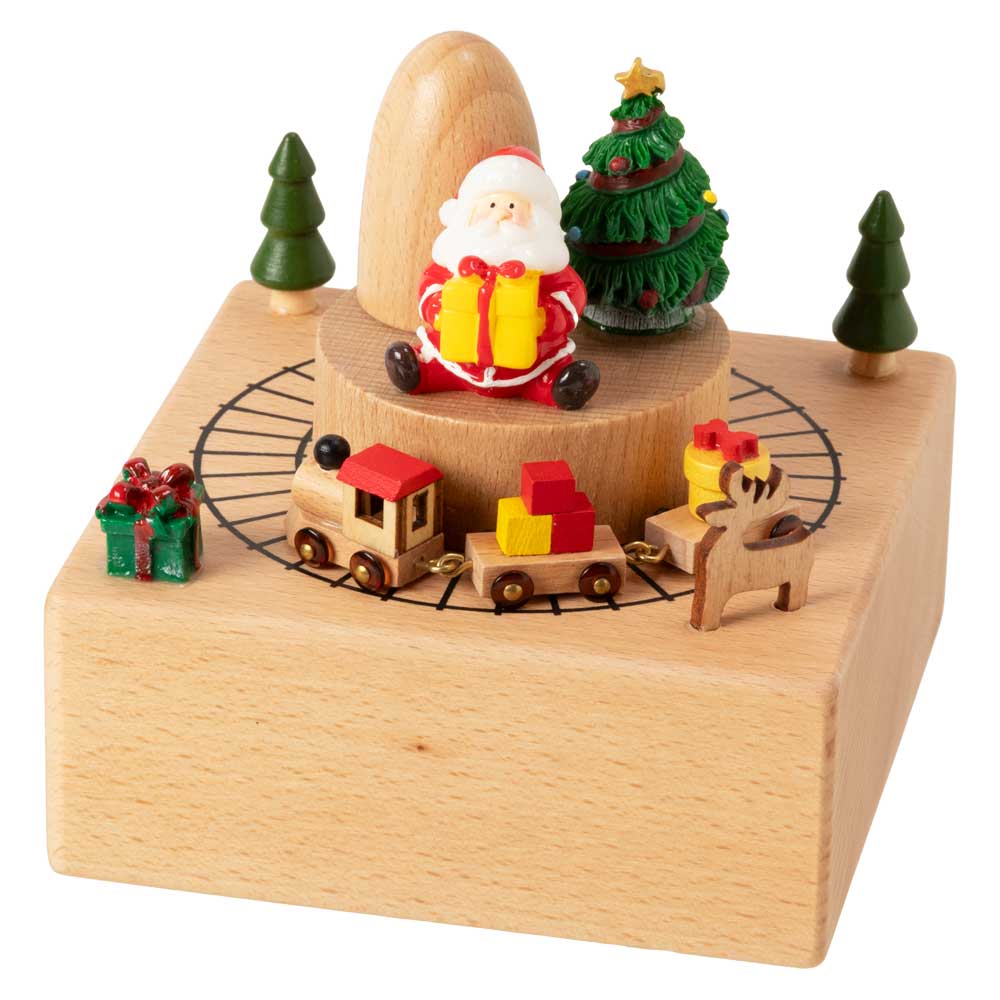 汽車が走る木製オルゴール　サンタクロース　ブナ材　曲目：ジングルベル　滑らかな表面仕上げ　ON-OFFスイッチ付き　クリスマス雑貨　目と耳で楽しむ木製品
