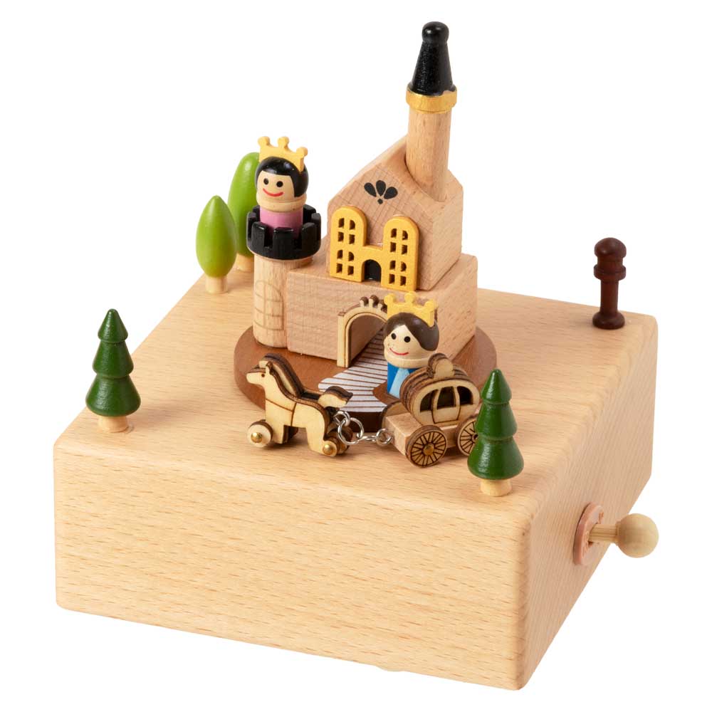 馬車が走る木製オルゴール　プリンセス城　ブナ材　曲目：君をのせて　滑らかな表面仕上げ　ON-OFFスイッチ付き　目と耳で楽しむ木製品