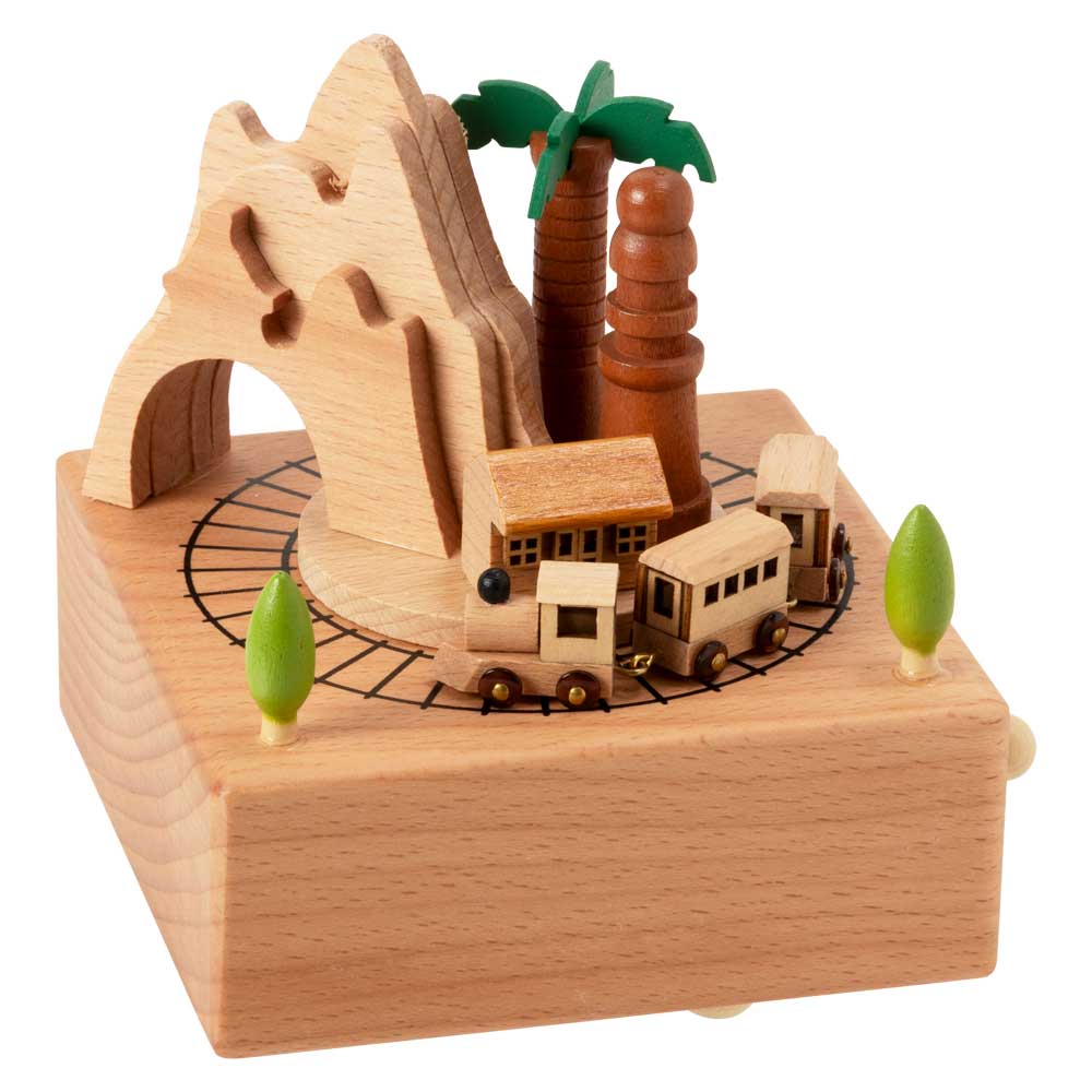汽車が走る木製オルゴール　ヤシの木洞窟　ブナ材　曲目：君をのせて　滑らかな表面仕上げ　ON-OFFスイッチ付き　目と耳で楽しむ木製品