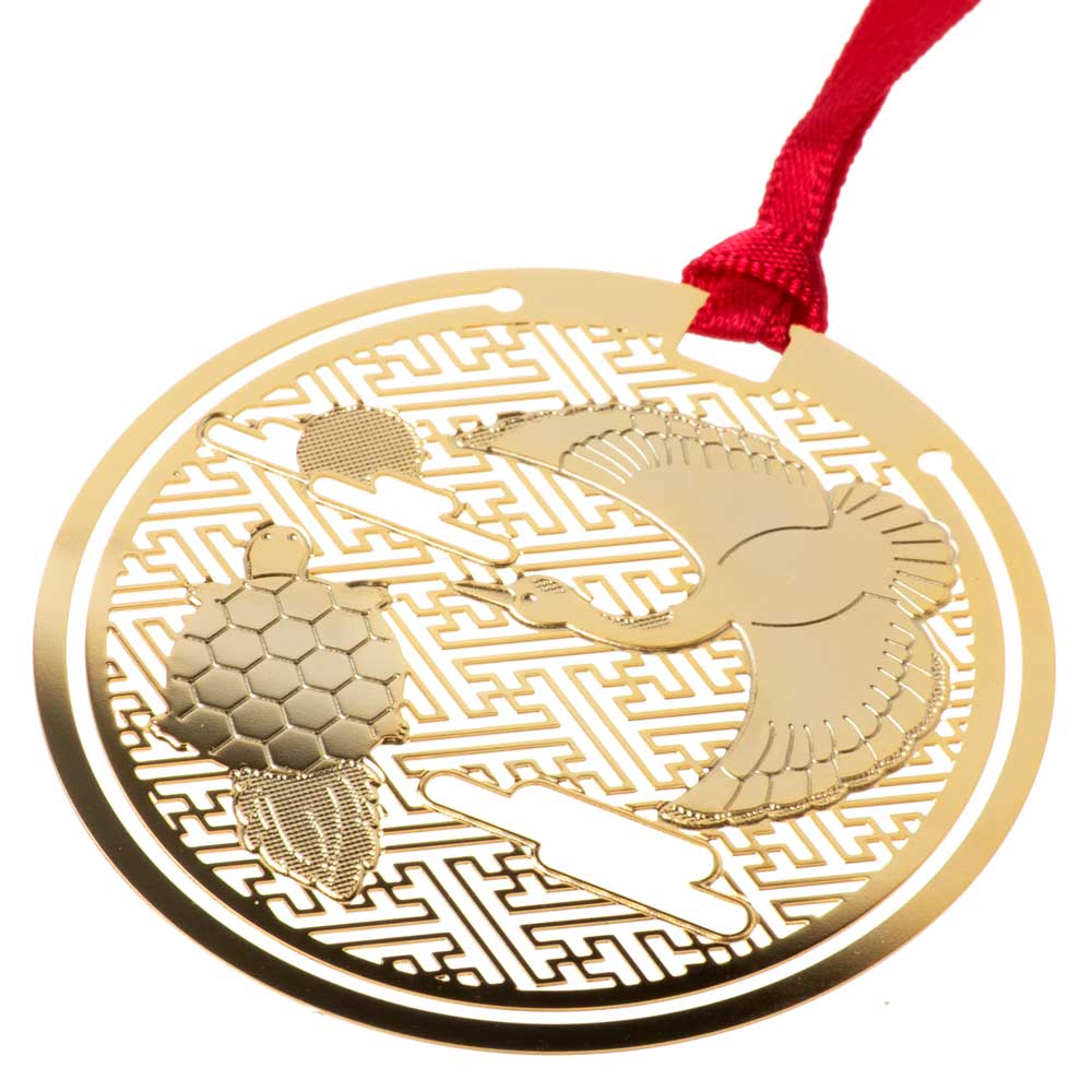 おまもりブックマーク　鶴亀　長寿延命　福寿円満　金の栞シリーズ　繊細なエッチングで日本の絵柄を表現　金属製しおり　和風ブックマーカー