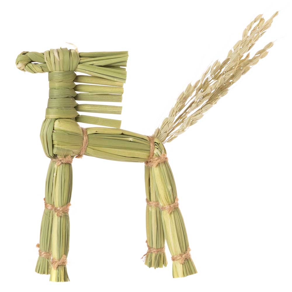 正月しめ飾り　わらむ　干支　午／馬九行久（うまくいく）　国産わらの縁起物　玄関飾り　神棚　リビング　置き型　13×16cm　日本製　国産　飛躍進展　勇往邁進　千里駒躍