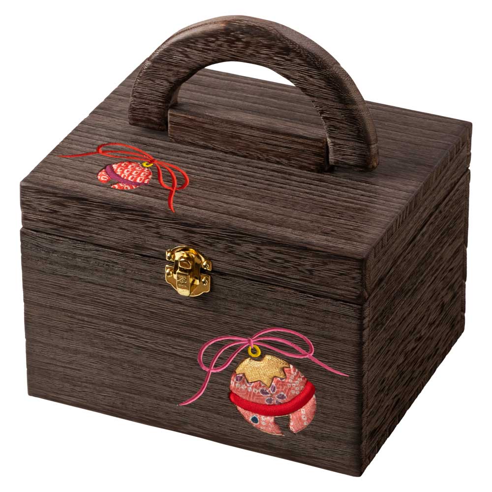 ソーイングボックス・小 (046) 鈴 裁縫箱 木目込細工 桐製・時代仕上 箱長の桐工芸品 日本製 東京浅草の木製品