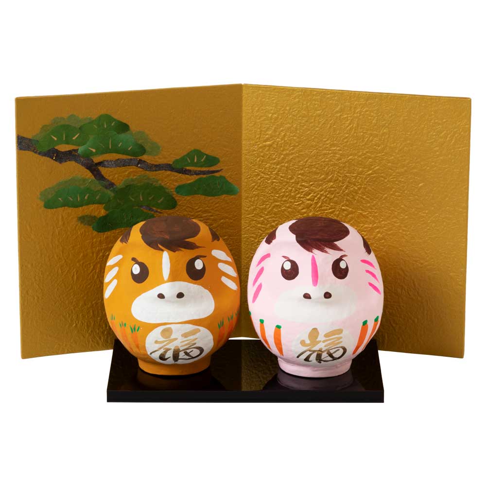 高崎だるま 2026年干支だるま午 黒塗り台と金屏風付きペアセット 茶+桃 令和8年 馬 うま 招福万来の正月飾り 縁起物 置物 インテリア 群馬県指定ふるさと伝統工芸品