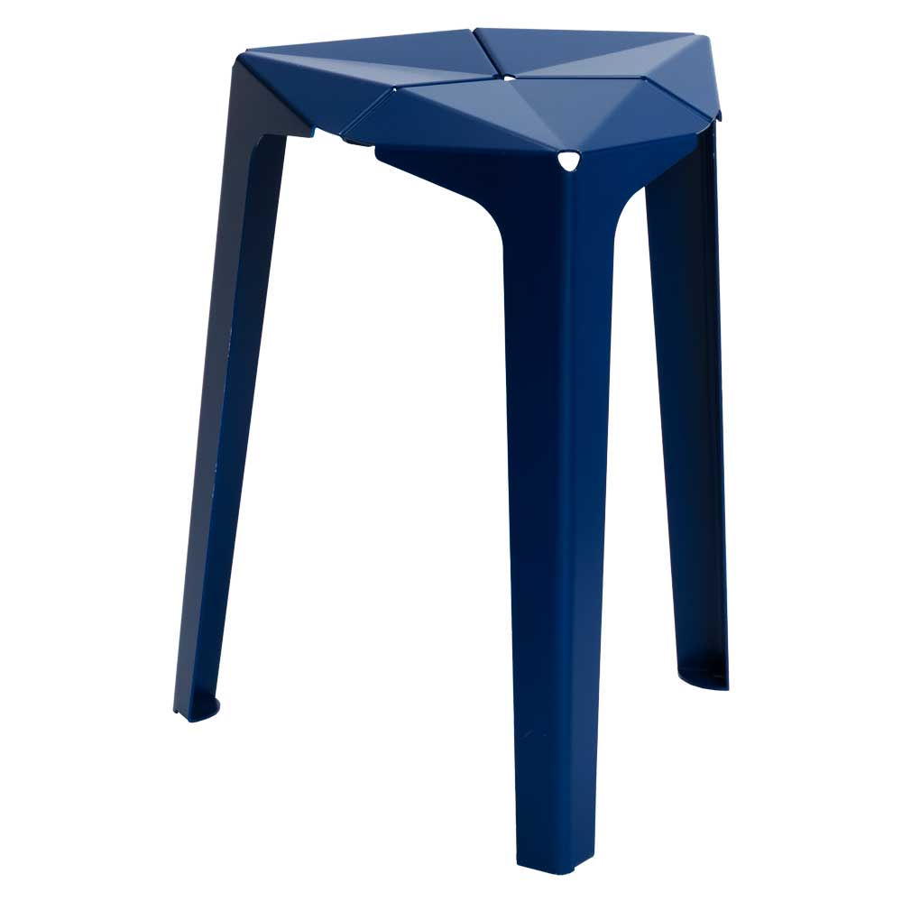 かねよし　金属を楽しむスツール　orisu　アルミ／ネイビー　デザイン：Kazuhito Ishida　折り紙のように金属を折り曲げて作った椅子