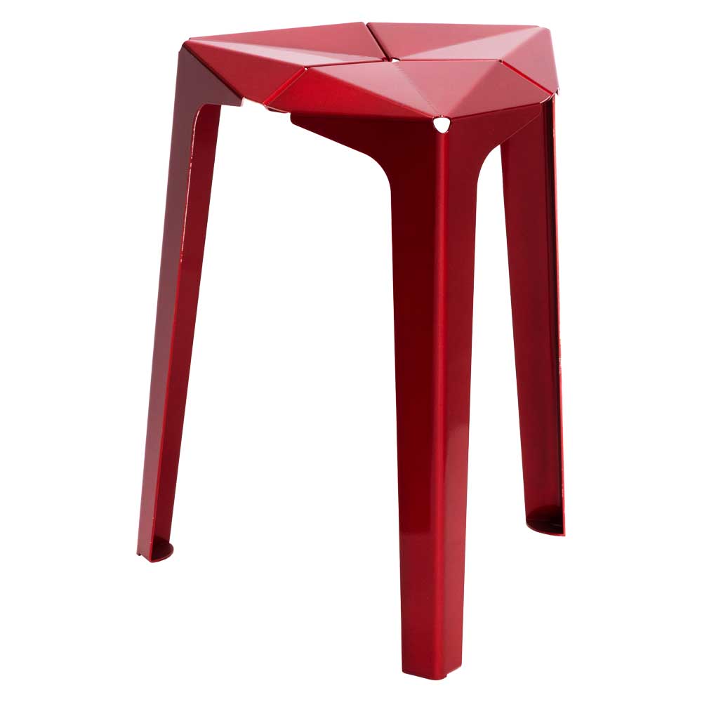かねよし　金属を楽しむスツール　orisu　アルミ／レッド　デザイン：Kazuhito Ishida　折り紙のように金属を折り曲げて作った椅子