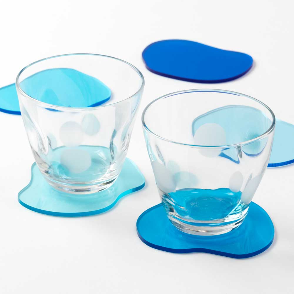 みずたまりコースター＋水玉ぐらす フリーカップ　ペアセット　透明感あふれる癒しのテーブルギフト　日本製／愛知県の工芸品