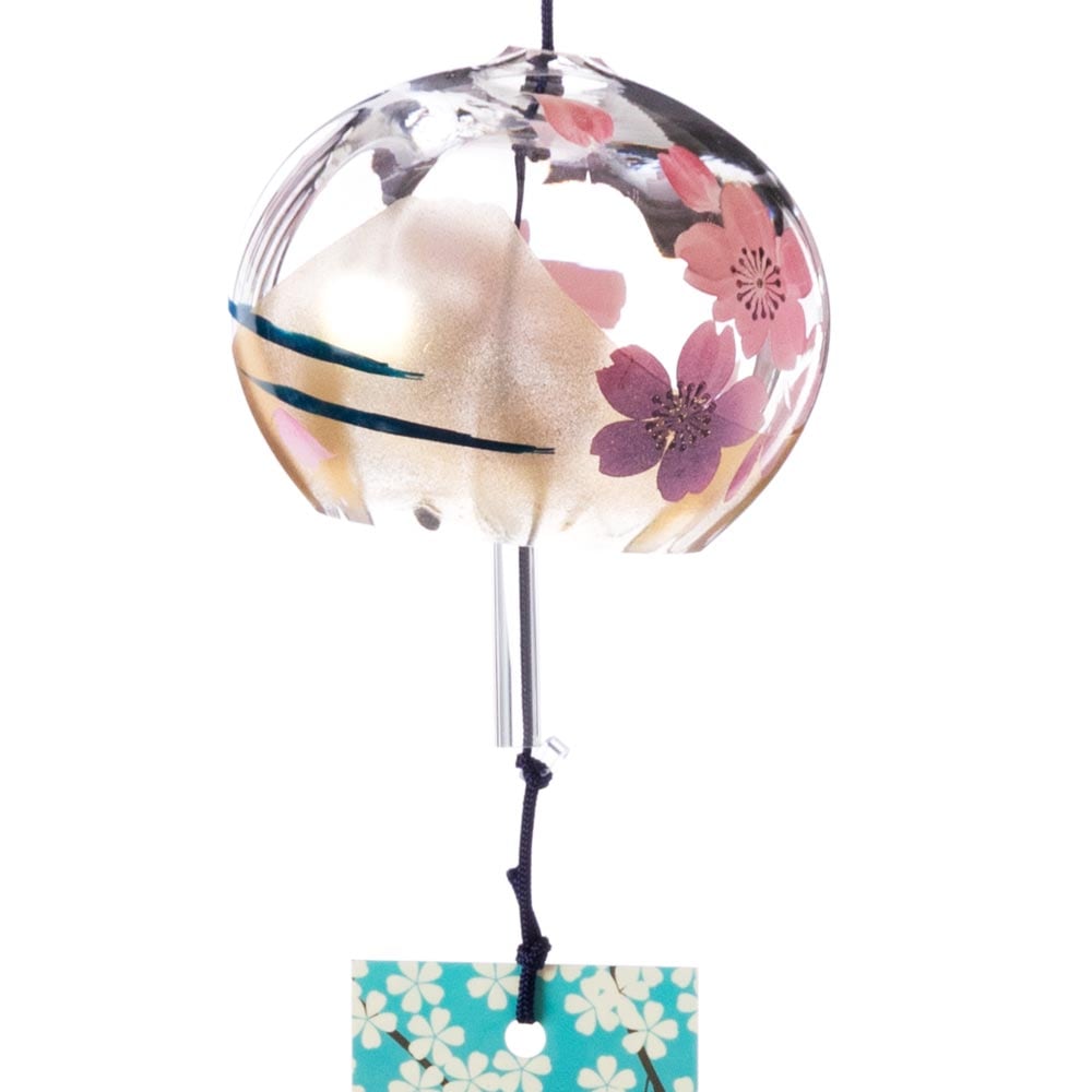 木之本　ぎやまん風鈴　金富士　桜シリーズ　クリスタルガラス　蒔絵を施したハンドクラフト製　和風和柄のウィンドチャイム　日本製