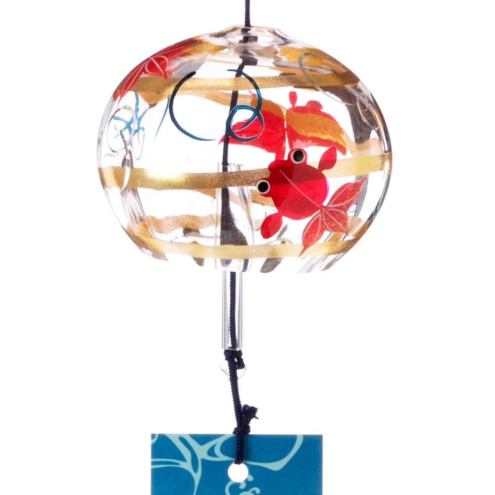 木之本　ぎやまん風鈴　うずまき金魚　クリスタルガラス　蒔絵を施したハンドクラフト製　和風和柄のウィンドチャイム　日本製　福島県の工芸品