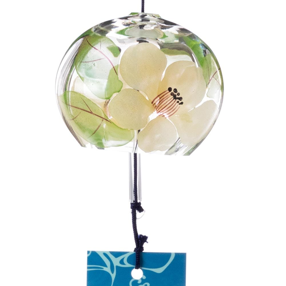 木之本　ぎやまん風鈴　夏椿　クリスタルガラス　蒔絵を施したハンドクラフト製　和風和柄のウィンドチャイム　日本製　福島県の工芸品