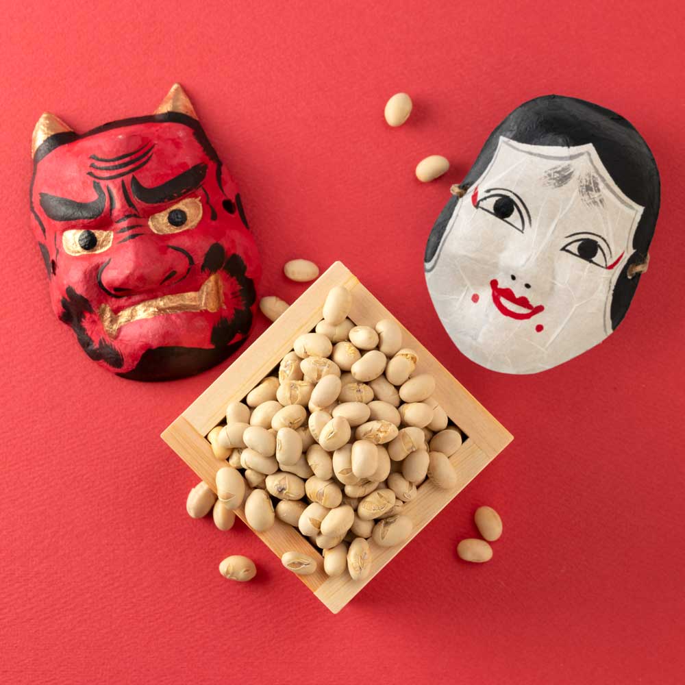 節分置き飾りセット 鬼の面・おかめの面・ヒノキ枡・福豆 （賞味期限